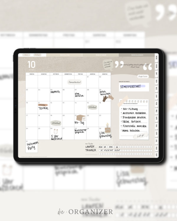 Tablet mit Studienkalender mit einer beschriebenen Monatsübersicht